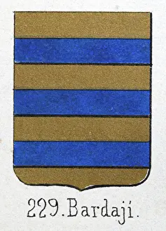 Medieval heraldry, Coat of arms, Shield with, horizontal, Gold, blue, stripes, Spanish, Vintage illustration