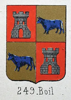 Prints of Medieval heraldry, Coat of arms, Shield with, Quartered, Silver, Castle, Blue, Bull, Gold, Spanish, Vintage illustration Coats Of Arms And Heraldic Badge Prints: Medieval heraldry, Coat of arms