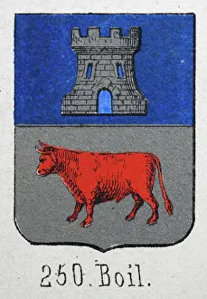 Medieval heraldry, Coat of arms, Shield with, Silver, castle, Blue, Red, Bull, Silver, Spanish, Vintage illustration