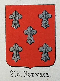 Medieval heraldry, Coat of arms, Shield with, silver, fleur de lis, red, Spanish, Vintage illustration