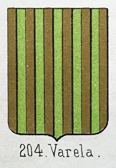Prints of Medieval heraldry, Coat of arms, Shield with, Striped, green, gold, Spanish, Vintage illustration Coats Of Arms And Heraldic Badge Prints: Medieval heraldry, Coat of arms