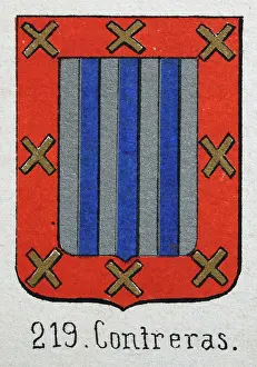 Medieval heraldry, Coat of arms, Shield with, stripes, silver, blue, red, border, gold, cross, Spanish, Vintage illustration