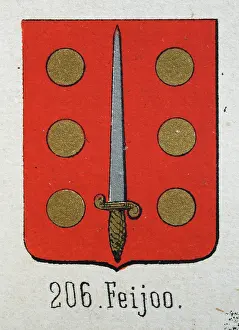 Medieval heraldry, Coat of arms, Shield with, Sword, Six, Gold, Dots, Red, Spanish, Vintage illustration