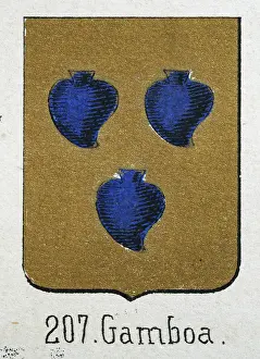 Prints of Medieval heraldry, Coat of arms, Shield with, Three, Blue, Hearts, Gold, Spanish, Vintage illustration Coats Of Arms And Heraldic Badge Prints: Medieval heraldry, Coat of arms