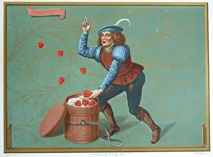 Prints of Medieval history, allegory on love, man throwing hearts, Rogier bontemps, semi-mythical French figure who personifies a state of leisure and freedom from care, 15th century, Vintage illustration Discover the beauty and mystery of the medieval era: Medieval history, allegory on love