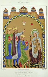Prints of Medieval history, Art, Three Kings presenting gifts to Baby Jesus and Mary, Nativity scene, French 12th Century Discover the beauty and mystery of the medieval era: Medieval history, Art, Three Kings presenting gifts to Baby Jesus and Mary