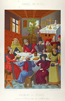 Medieval history, French bourgeois paying income taxes, 15th century, Vintage illustration, Paiment de Rentes
