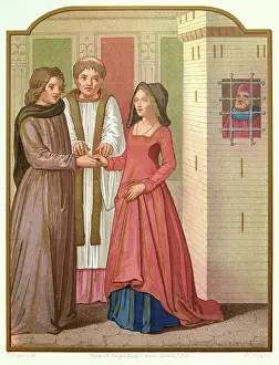 Prints of Medieval history, Priest marriage a young couple, The Woman with Two Husbands, French, 15th century, Vintage illustration, La Femme aux Deux Maris Discover the beauty and mystery of the medieval era: Medieval history, Priest marriage a young couple
