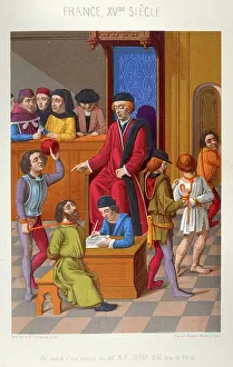Prints of Medieval history, Prisoners brough before a judge in a court room for sentencing, French, 15th century, Vintage illustration Discover the beauty and mystery of the medieval era: Medieval history, Prisoners brough before a judge in a court room for sentencing