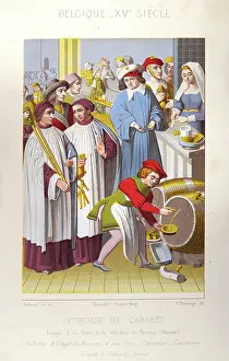 Prints of Medieval history, Waiter getting beer from a barrel, Bar maid serving customer, bar or cabaret, Belgium, 15th century, Vintage illustration Discover the beauty and mystery of the medieval era: Medieval history, Waiter getting beer from a barrel