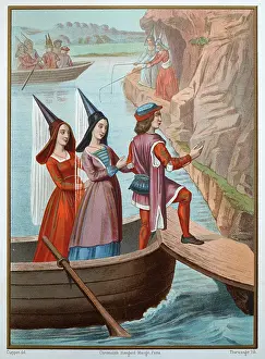 Prints of Medieval history, two women wearing Hennin cone headdress, disemaking from a boat with a man, in background they are fishing with rods, 15th century, Vintage illustration, Les Dames Marinieres Discover the beauty and mystery of the medieval era: Medieval history, two women wearing Hennin cone headdress