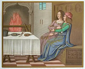 Prints of Medieval history, Young couple having an affair, French, 15th century, Vintage illustration, Un abus de confiance (A breach of trust) Discover the beauty and mystery of the medieval era: Medieval history, Young couple having an affair