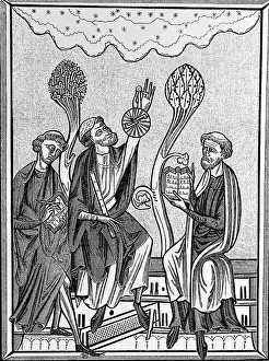 Prints of (Original Caption). Medieval astronomers during observations using astrolabe. 14th century miniature painting Discover the beauty and mystery of the medieval era: Medieval Illus. Of 3 Men Observing Sky