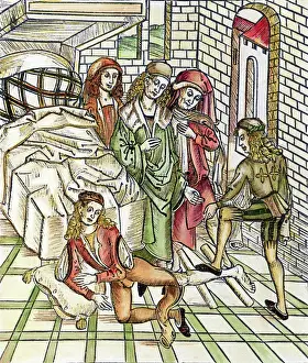 Prints of (Original Caption). Medieval orthopedics: breaking a badly healed fracture of the leg. Woodcut from Hieronymus Brunswig's Book of Surgery Discover the beauty and mystery of the medieval era: Medieval Illustration of Man Breaking Leg