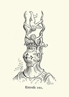 Medieval knights helmet with horns and cherubs