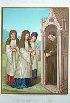 Prints of Medieval religious history, Abbot receiving nuns, 15th century, Vintage illustration, Abbe recevant des Religieuses Discover the beauty and mystery of the medieval era: Medieval religious history, Abbot receiving nuns