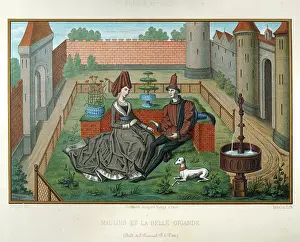 Prints of Medieval Romance, Young couple in garden with white dog and fountain, French 15th Century, Vintage illustration, Maulgis with the Belle Oriande in a garden, 15th century Discover the beauty and mystery of the medieval era: Medieval Romance, Young couple in garden with white dog and fountain