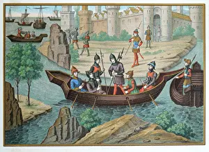Prints of Medieval warfare, French crusader knights return to Acre after a raid on the Saracen fleet during the war between King Amalric I of Jerusalem and the Egyptians, 1160s Discover the beauty and mystery of the medieval era: Medieval warfare