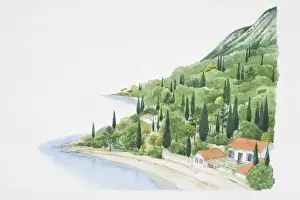 Ecology Prints: Mediterranean landscape showing house on beach at bottom of wooded hillside