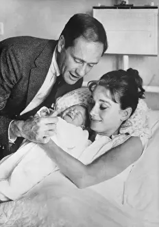 Birth Prints: Mel Ferrer with Audrey Hepburn Holding Newborn Sean