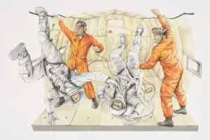 Suits Prints: Two men in astronaut suits upside down being watched by two men in orange suits