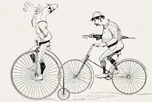 Two men cycling, penny farthing bicycle and a bicycle with evenly low wheels
