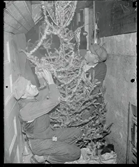 Prints of (Original Caption) A Timeless Christmas: Vintage Treasures: Men Decorating a Christmas Tree