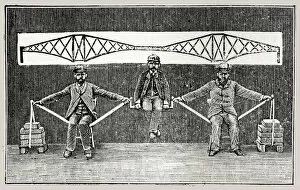 Forth Railway Bridge Collection: Three men demonstrating suspension bridge
