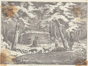 Quiet Prints: Men and Dogs Outside Cabin in Forest