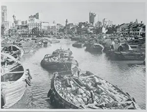 Singapore Prints: Men Guiding Barges Down a River
