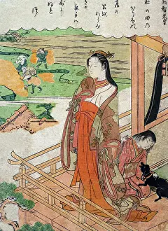 The Pierce Archive Prints: Men harvest rice, child pets dog, woman shows sympathy