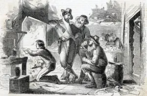 Cabin Prints: Men Inside Cabin @ Mine; Illus