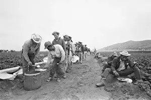 Men On Line To Get Food; Workers