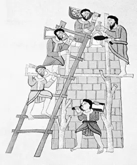 Teamwork Prints: Men on and near Ladder While Constructing a Tower