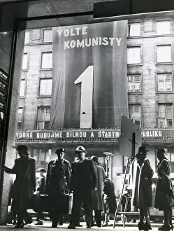 Prague Prints: Men Outside Banner Displayed Communist Headquarters Building