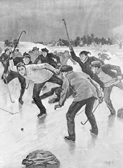 Prints of (Original Caption). Hockey on ice in America. A Shot for the Goal. Engraving by H. Burgess Frozen Moments: A Journey Through Hockey History: Men Playing Hockey