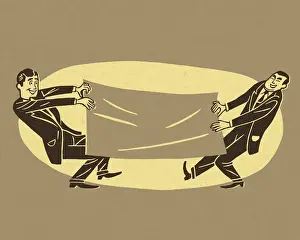 Two Men Pulling on Large Piece of Paper