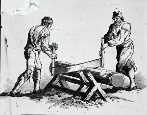 Sawing Prints: Two Men Sawing A Log
