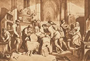 City Of Westminster Prints: Men Surrounding William Caxton After Printing