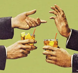 Two Men Talking With Hands and Holding Drink