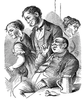 Illustrierte Welt Prints: Two men and tow women sitting in restaurant, talking and flirting