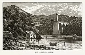 Images Dated 3rd April 2018: Menai Suspension Bridge in Anglesey, Wales Victorian Engraving, 1840