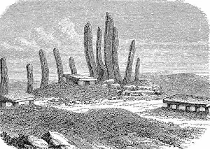 Archeological Prints: Menhir and stone table in Khasia in 1880