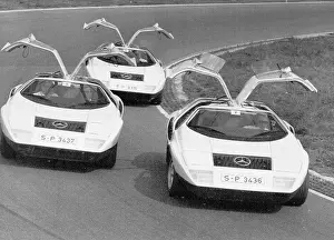 Prints of (Original Caption) 9/3/1969-West Germany- Mercedes-Benz unveils three of its prototype C-111s here at the Hochenheim Race Course Vintage Car Collection Prints: Mercedes Experimental C-111 Automobiles