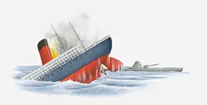 20th Century Style Prints: Merchant ship sinking after being torpedoed by German submarine during World War One