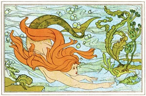 Art Nouveau Collection: Mermaid swimming underwater with fish