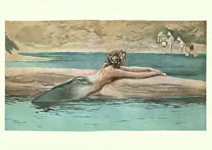 Mermaid watching children play on the beach, 19th Century