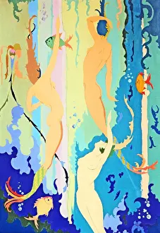 Mermaids Prints: Three Mermaids Swimming Up