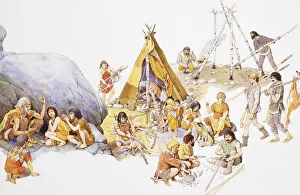 Group Of People Gallery: Mesolithic man, gathering around fire in family groups and building dwellings