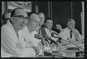 Michael DeBakey Speaking at Press Microphones